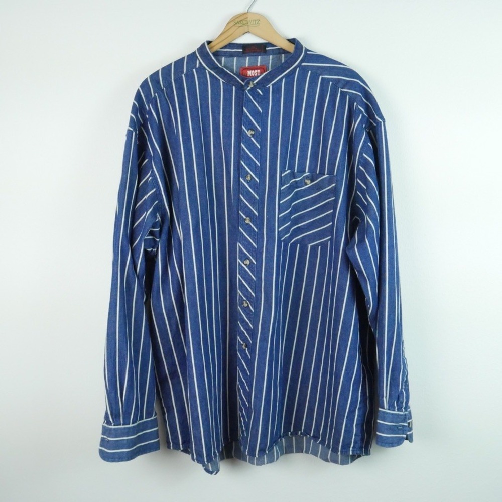 Vintage 90s Mens 2XL Band Collar Shirt Engineer Stripe Western‎ Cosplay Frontier